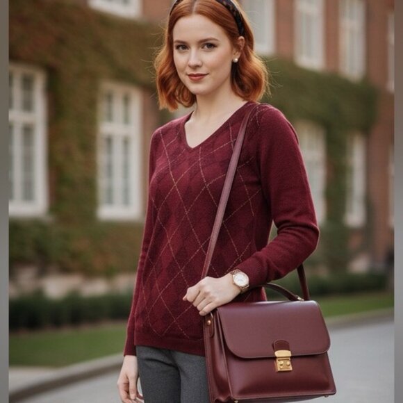 Marina Rinaldi Argyle Metallic Textured Mohair Wool Blend Crew Soft Sweater Top - Picture 1 of 16